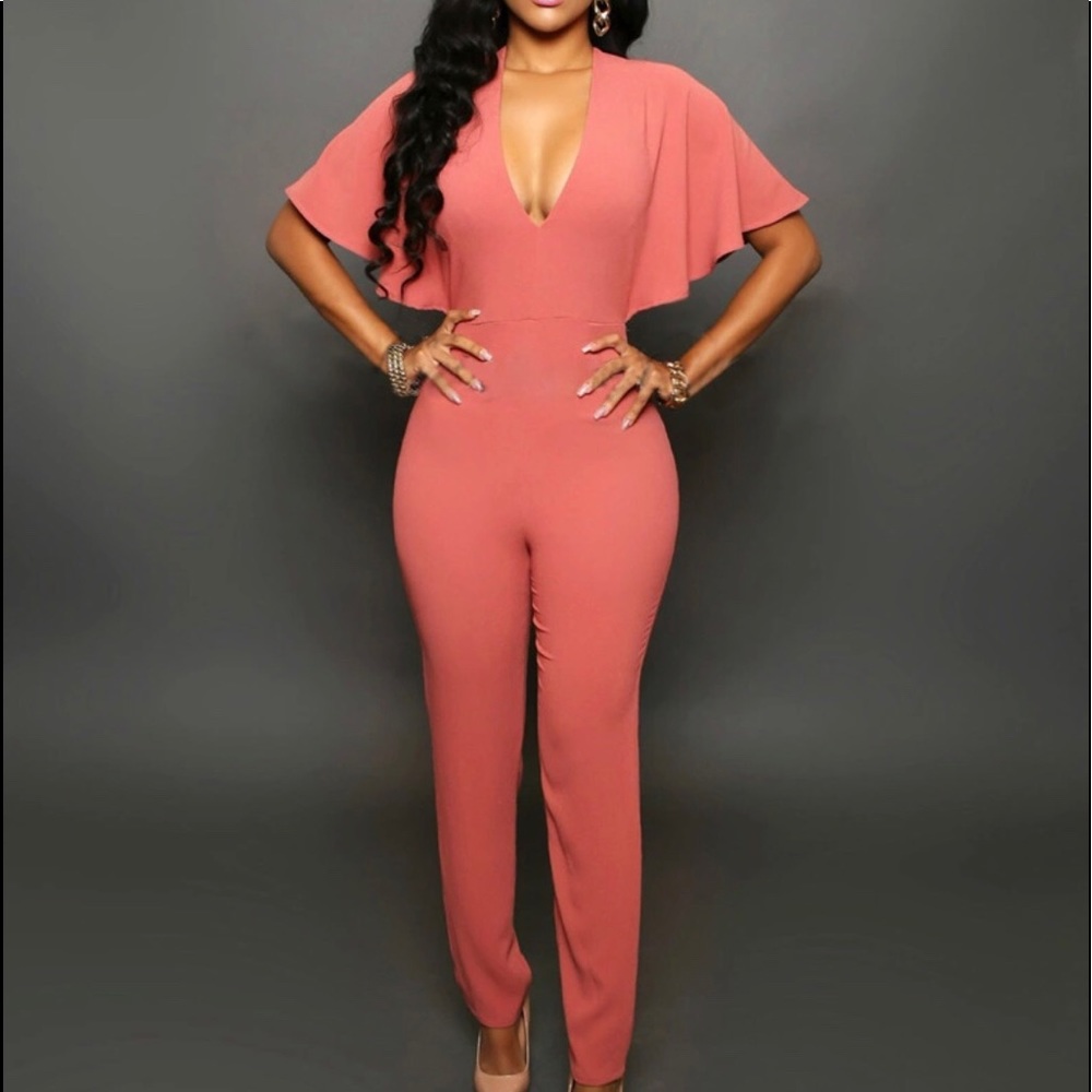 Get Me Bodied Jumpsuit w/ Batwing Cape - Pink